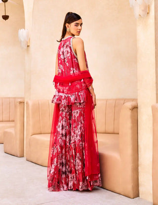 Red print ruffle tunic and sharara set