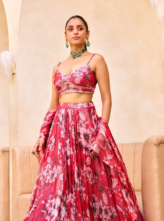 Red floral print lehenga set