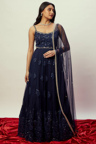 Midnight blue floral anarkali gown