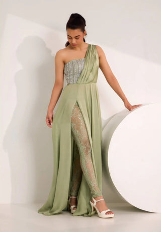 Mirela mint green high slit gown with lace legging