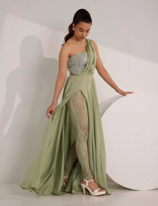 Mirela mint green high slit gown with lace legging