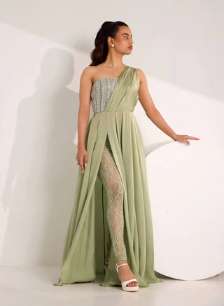 Mirela mint green high slit gown with lace legging