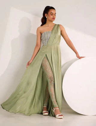 Mirela mint green high slit gown with lace legging