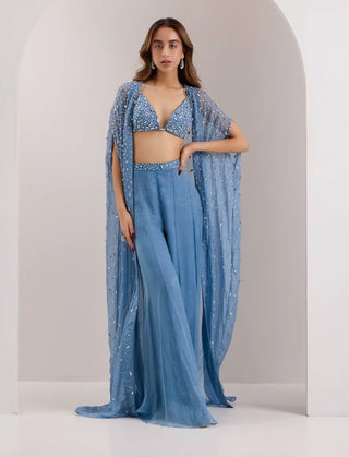 Ivelle blue bralette, cape and palazzo