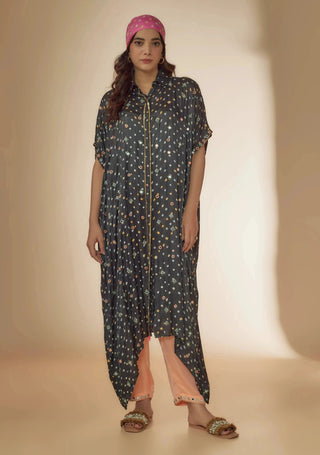 Gray bandhani silk kurta with embroidered pants