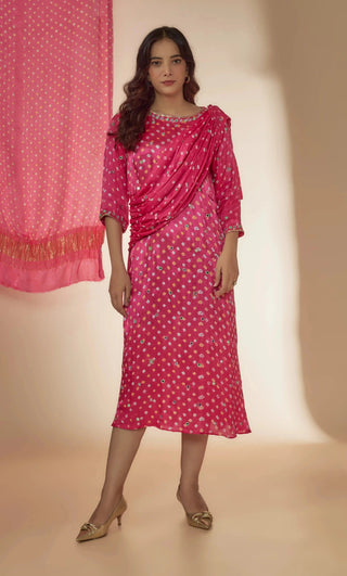 Pink bandhani silk daree drape dress