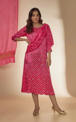 Pink bandhani silk daree drape dress