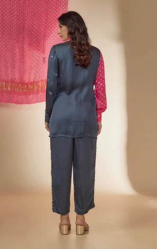 Pink bandhani wrap top with embroidered pants