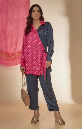 Pink bandhani wrap top with embroidered pants