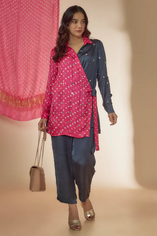 Pink bandhani wrap top with embroidered pants