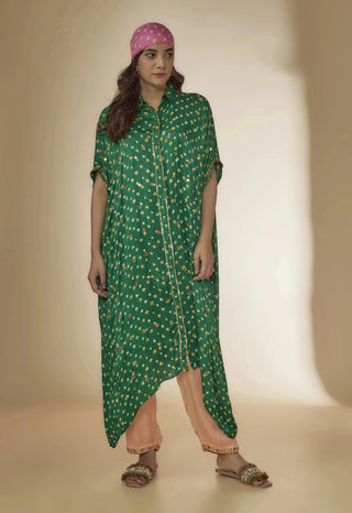 Green bandhani silk kurta with embroidered pants