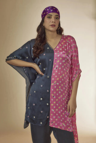 Pink bandhani kaftan top with embroidered pants