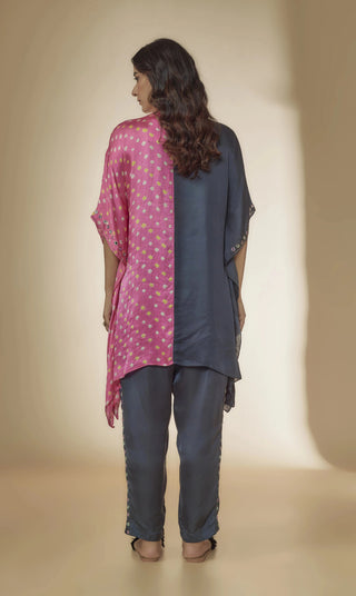 Pink bandhani kaftan top with embroidered pants