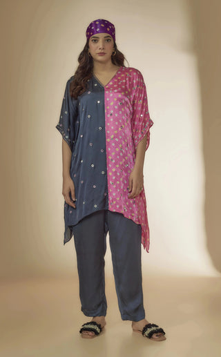 Pink bandhani kaftan top with embroidered pants