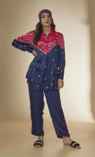 Blue bandhani shirt Co-ord with embroidery