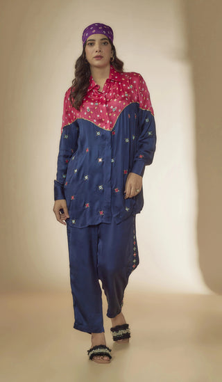 Blue bandhani shirt Co-ord with embroidery