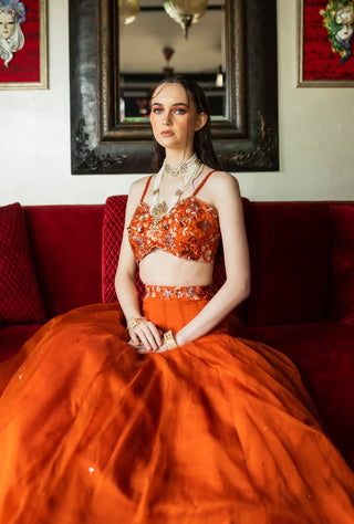 Orange organza floral belt lehenga set