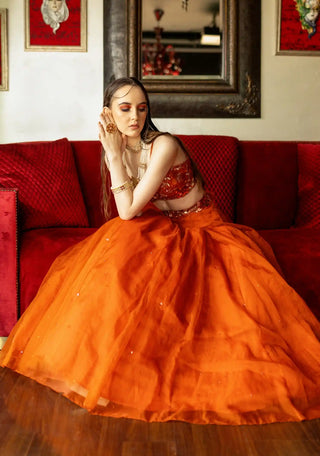 Orange organza floral belt lehenga set