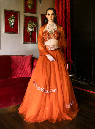 Orange organza floral belt lehenga set