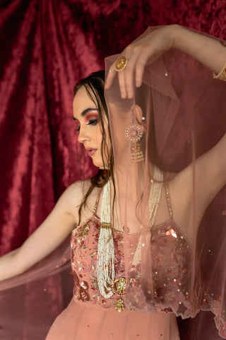 Dusty pink frills anarkali and dupatta