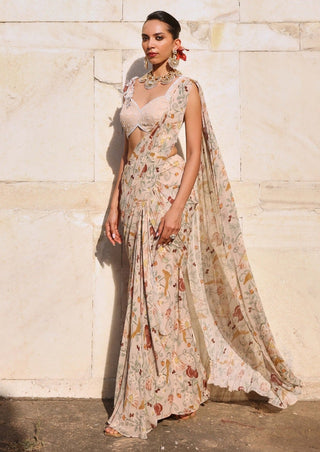 Vihana blush pink draped saree and choli - Vihana blush pink draped saree - Seema Thukral - Available at Mrs. G