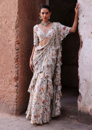 Hayami ivory printed ruffle saree and choli - Hayami ivory printed ruffle saree - Seema Thukral - Available at Mrs. G