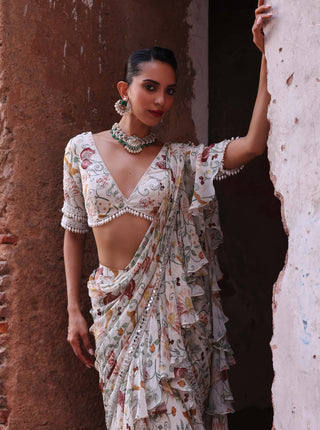 Hayami ivory printed ruffle saree and choli - Hayami ivory printed ruffle saree - Seema Thukral - Available at Mrs. G