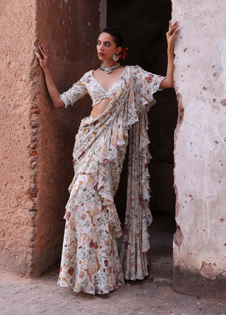 Hayami ivory printed ruffle saree and choli - Hayami ivory printed ruffle saree - Seema Thukral - Available at Mrs. G