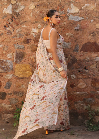 Misha blush pink printed draped skirt sari and choli