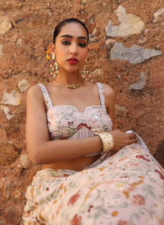 Misha blush pink printed draped skirt sari and choli