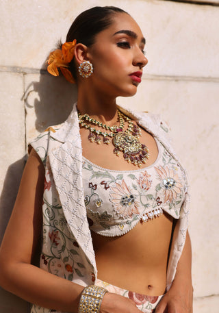 Tishya ivory printed choli with jacket and pants