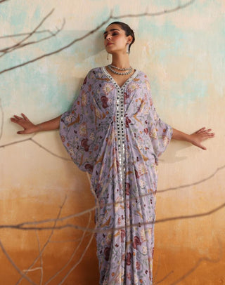 Lilac printed kaftan with embellished border in center front