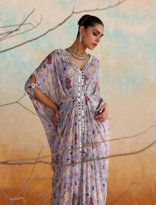 Lilac printed kaftan with embellished border in center front