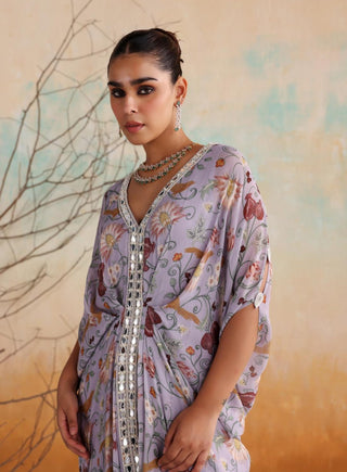 Lilac printed kaftan with embellished border in center front