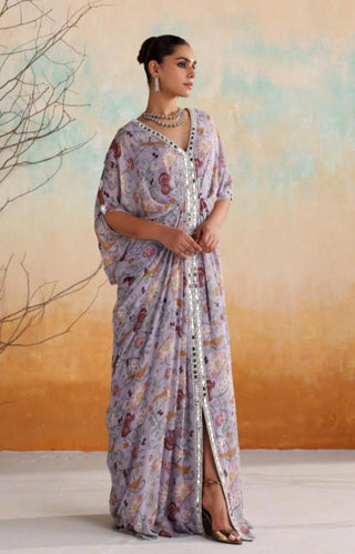 Lilac printed kaftan with embellished border in center front