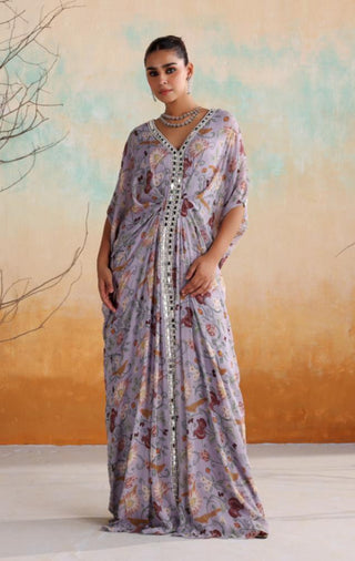 Lilac printed kaftan with embellished border in center front