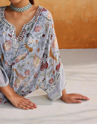 Powder blue full-length draped printed kaftan