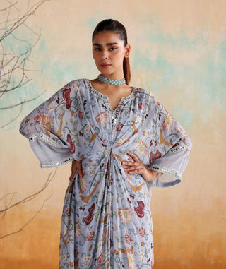 Powder blue full-length draped printed kaftan