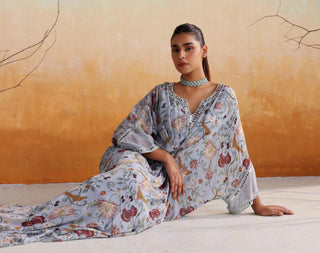 Powder blue full-length draped printed kaftan