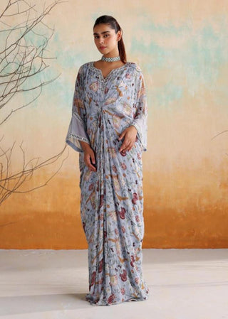 Powder blue full-length draped printed kaftan