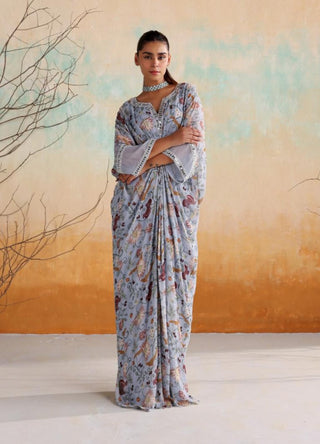 Powder blue full-length draped printed kaftan