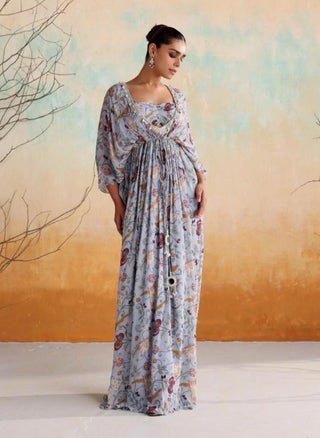 Powder blue embellished printed kaftan with bralet