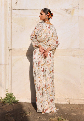 Aarvi ivory print draped kaftan