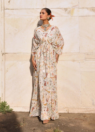 Aarvi ivory print draped kaftan