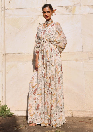 Aarvi ivory print draped kaftan