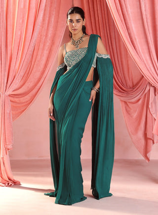 Adriana emerald green pre-stitched saree and blouse