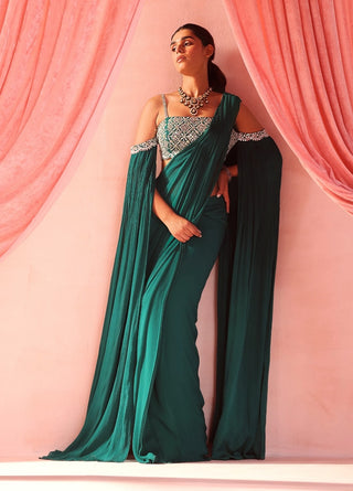 Adriana emerald green pre-stitched saree and blouse