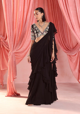 Mia black stitched ruffle saree and blouse