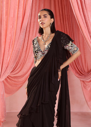 Mia black stitched ruffle saree and blouse