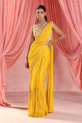 Luna mustard yellow pre-stitched tiered saree and blouse